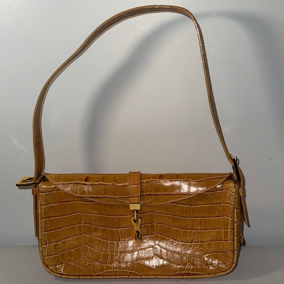 Puntotres Elegant Tan Crocodile Embossed Genuine Leather Shoulder Bag - Picture 2 of 13